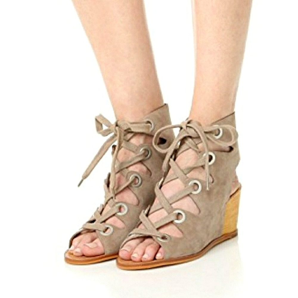 Dolce Vita Lei leather suede Boho Ghillie lace up wooden wedge heel open shoe